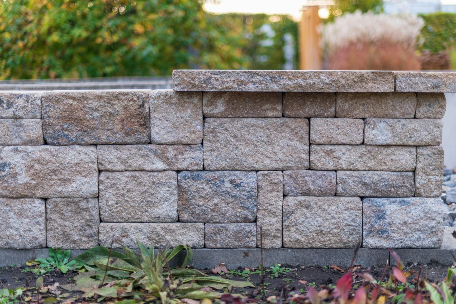 A coursed stone retaining wall finished with a flat cap, planting behind it
